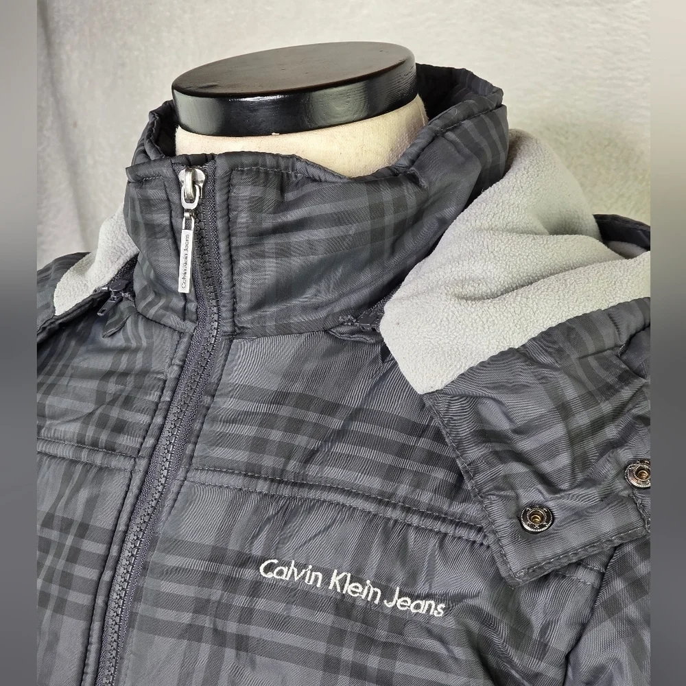 Calvin Klein Boys Gray Plaid Puffer Jacket Hooded Fleece Lined L 14-16